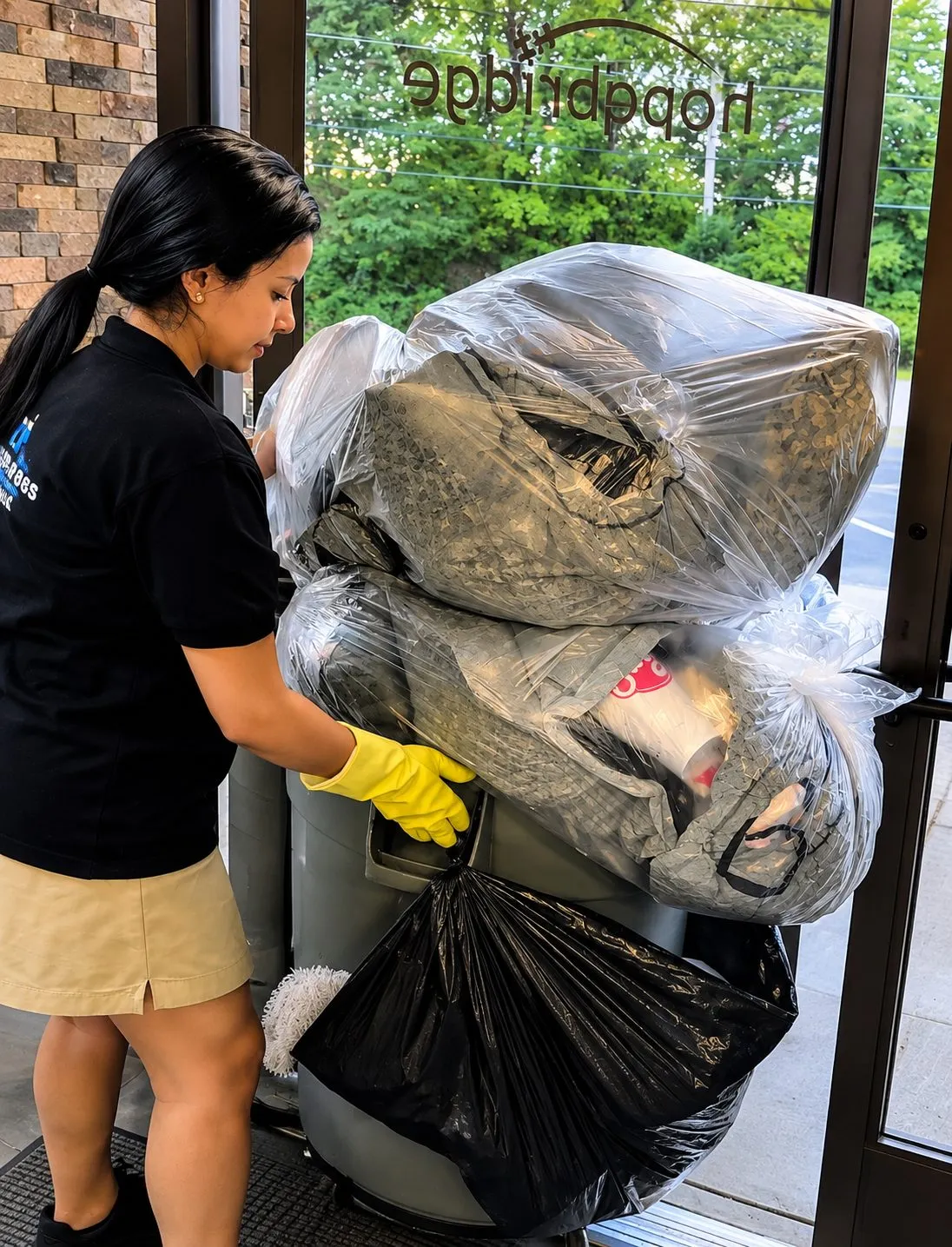 Team member hauling trash bags out of a commercial building entrance